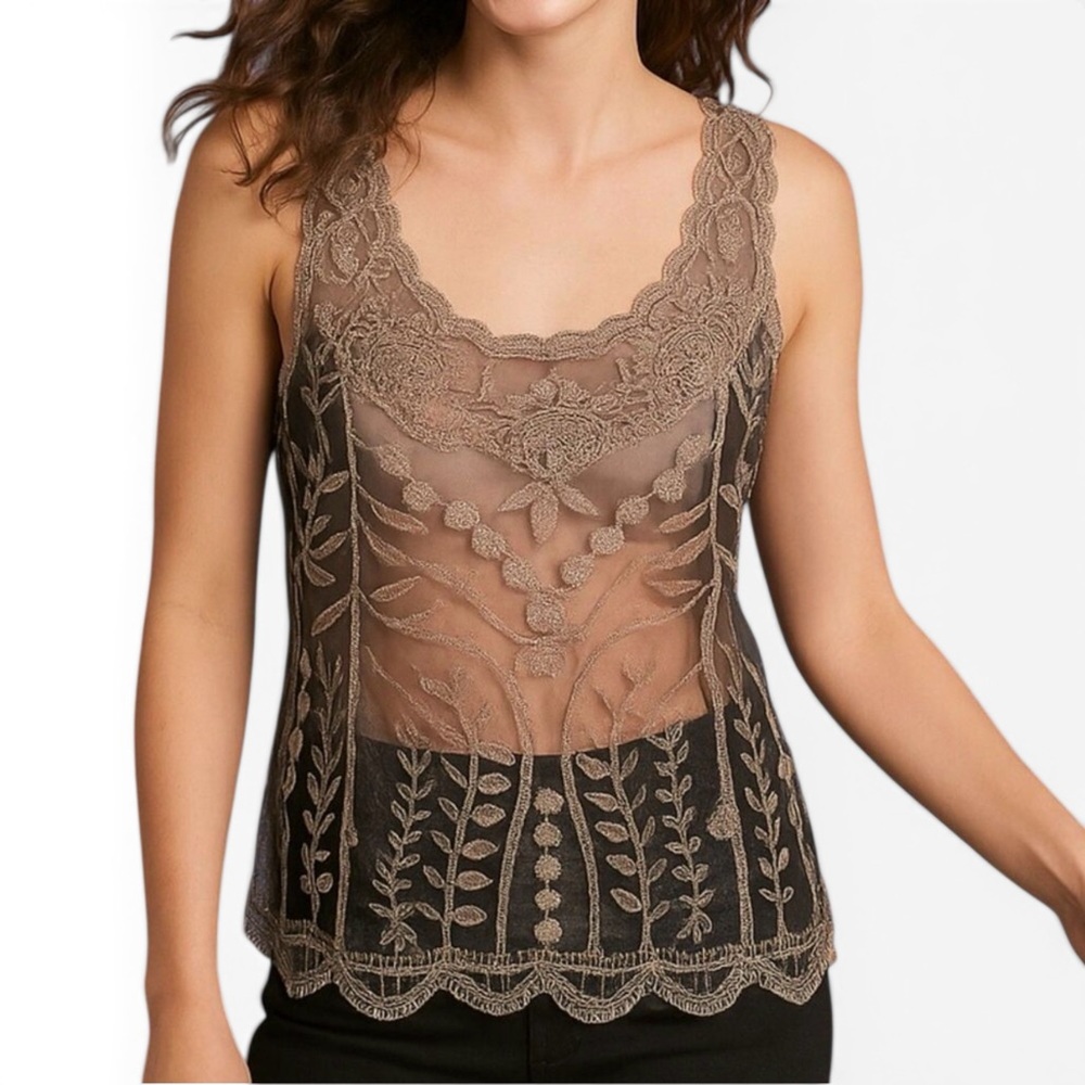 Ultra Pink Black Mesh Embroidered Tank Top Metallic Sheer Boho Festival Large